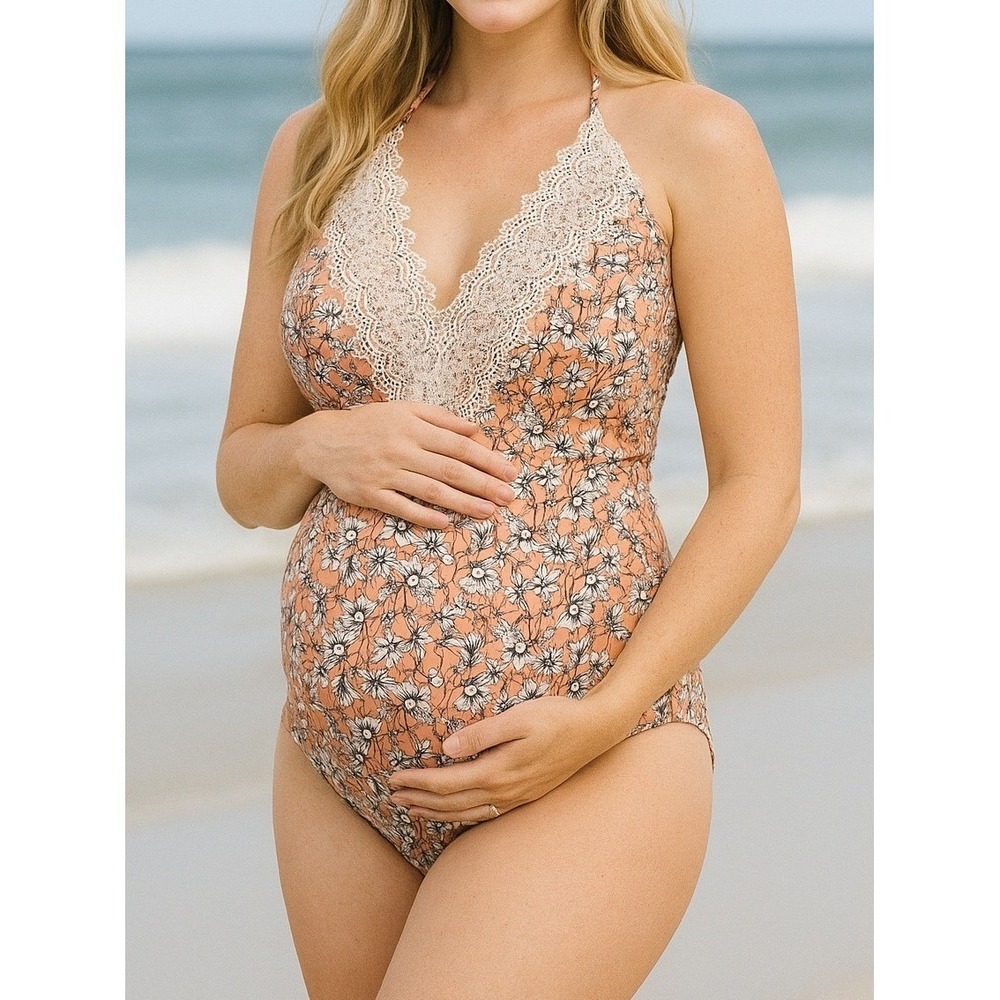 Sea Angel Peach Floral Lace Trim Halter Maternity One Piece Swimsuit Sz XL Beach